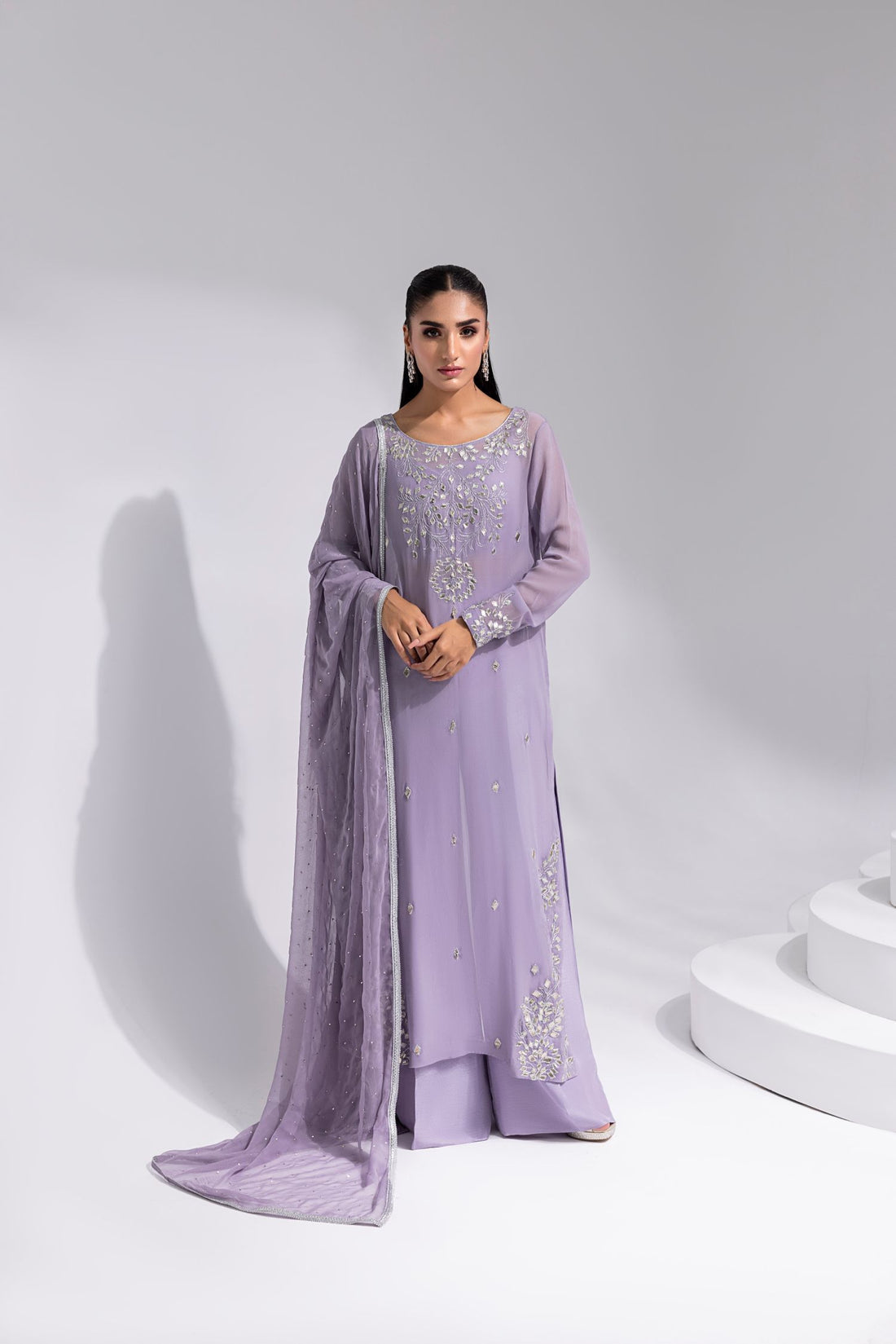 Amani | Aira Festive Wear | ZARIN – Gota Embellished Georgette Shirt with Wide-Leg Pants &amp; Mukesh Dupatta