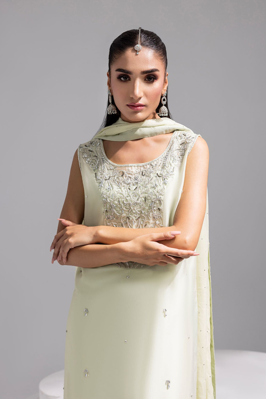 Amani | Aira Festive Wear | SOLEA – Hand Embroidered Mint Butter Silk Shirt with Viscose Pants & Mukesh Dupatta