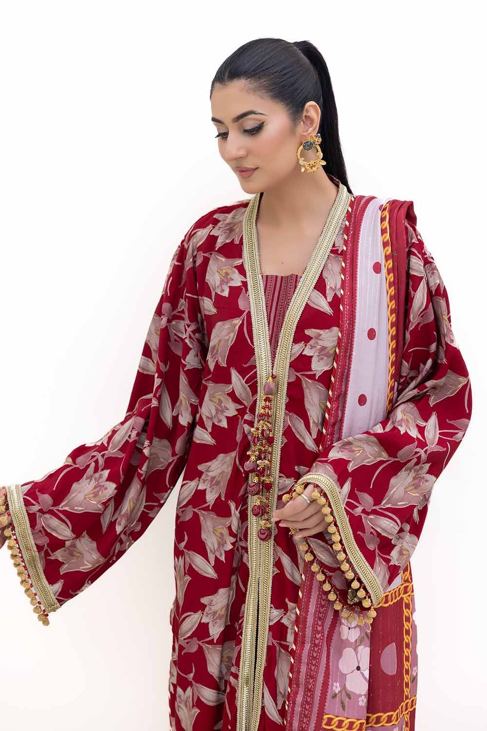 Gul Ahmed | Winter Collection 24 | Gold Printed Polyestor Suit with Printed Sequins Stripe Dupatta SP-42046